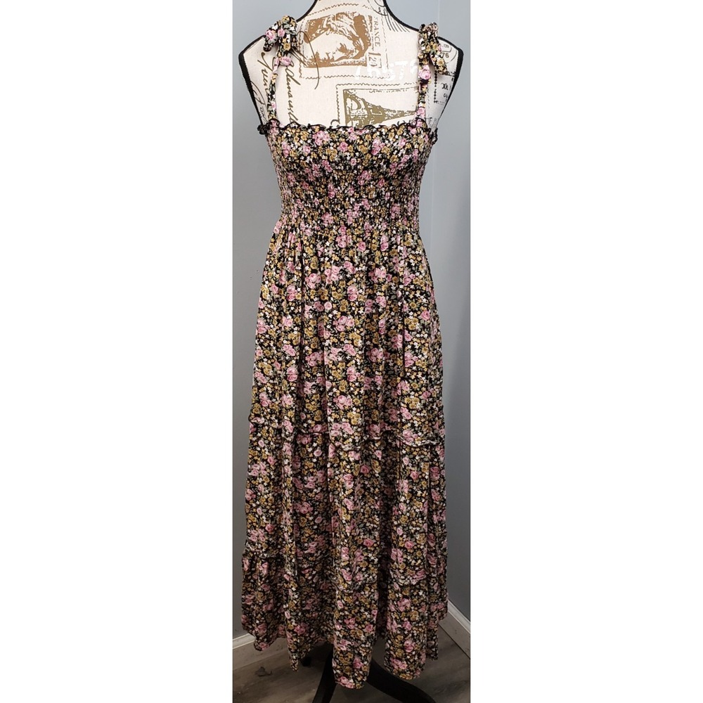 Elloh Tiered Maxi Dress Womens Medium Multi Floral Cottagecore Smocked Tie Strap